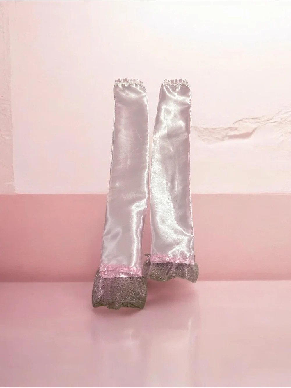 Sheer White Satin Opera Gloves with Pink Trim handmade